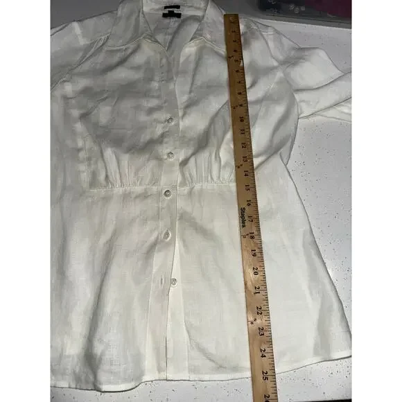 Talbots Irish Linen Button Up Blouse Gather Detail Waist Off white 12 Office - Picture 7 of 7